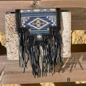Cowhide Concealed Carry Fringe Shoulder Bag with Aztec Print Flap